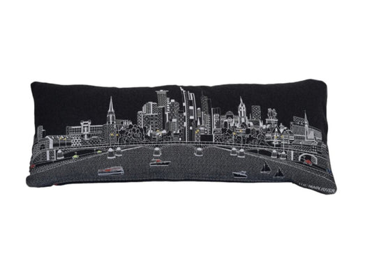 14" X 35" Dark Gray And White Frankfurt Nighttime Skyline Lumbar Decorative Pillow
