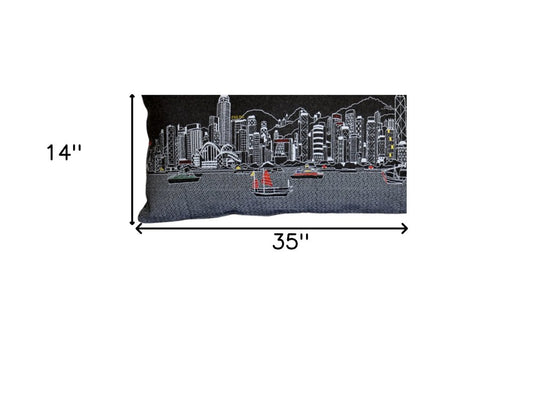 14" X 35" Dark Gray And White Hong Kong Nighttime Skyline Lumbar Decorative Pillow