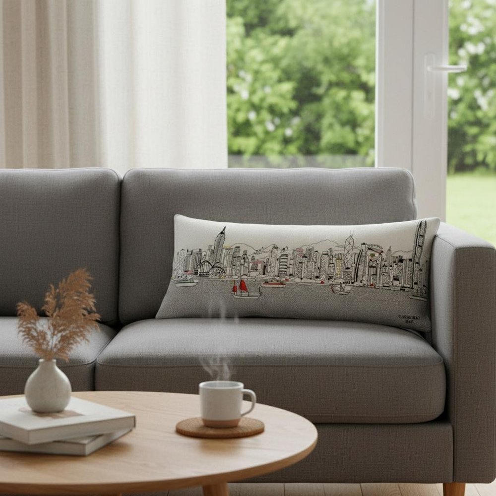 14" X 35" Cream Hong Kong Daylight Skyline Lumbar Decorative Pillow