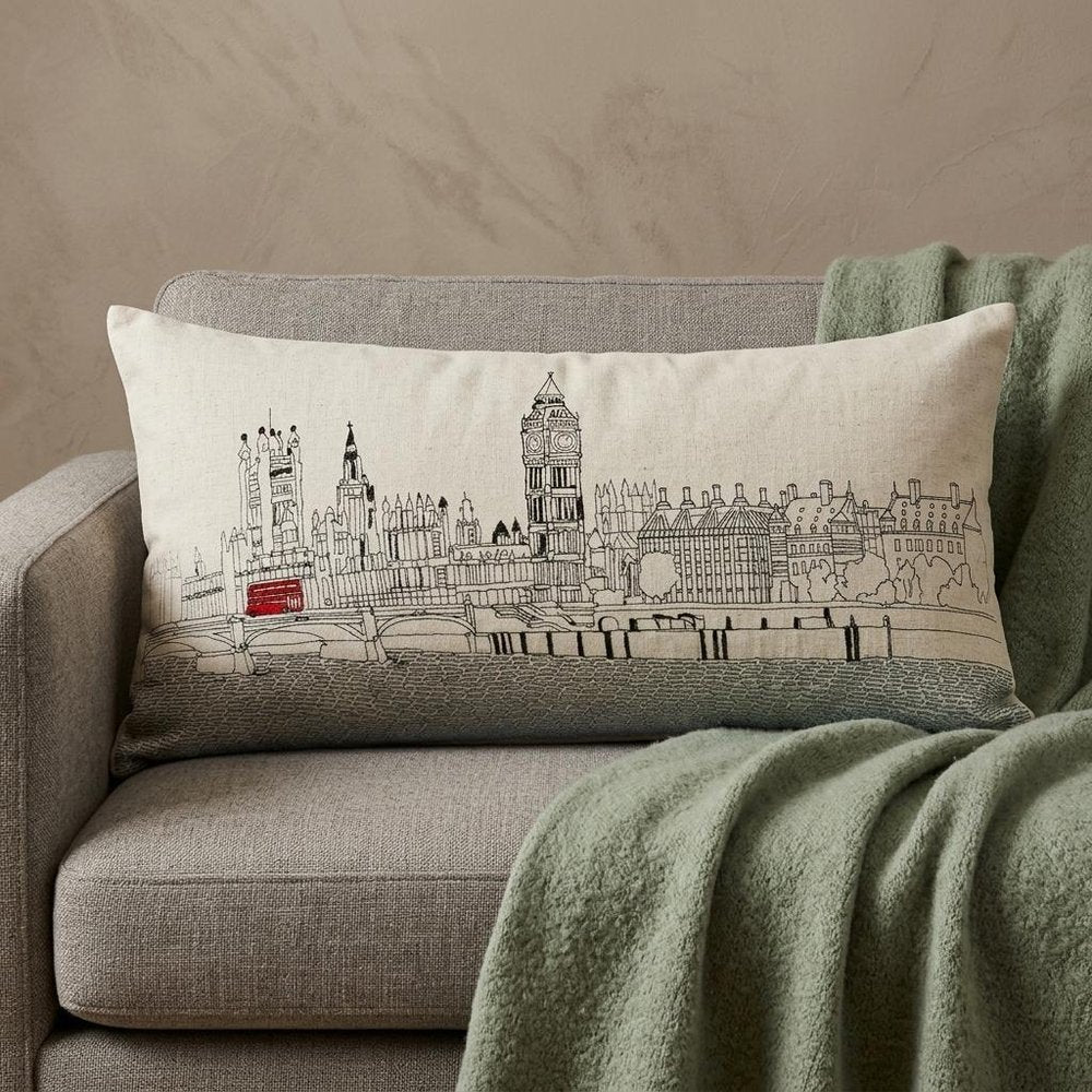 14" X 35" Cream London Daylight Skyline Lumbar Decorative Pillow