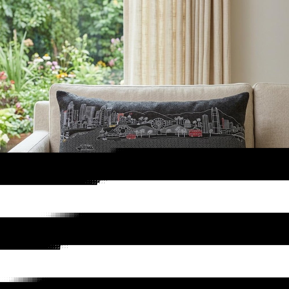 14" X 35" Dark Gray And White Los Angeles Nighttime Skyline Lumbar Decorative Pillow