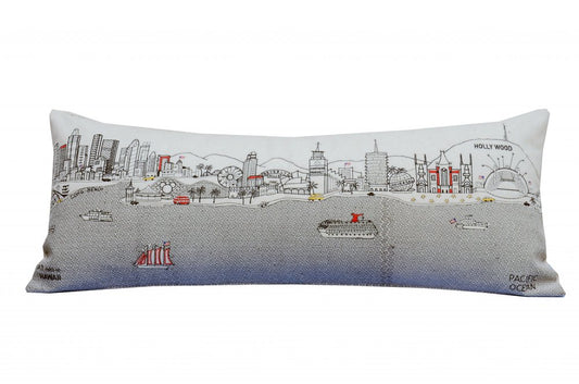 14" X 35" Cream Los Angeles Daylight Skyline Lumbar Decorative Pillow