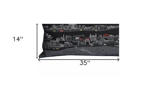 14" X 35" Dark Gray And White New Orleans Nighttime Skyline Lumbar Decorative Pillow