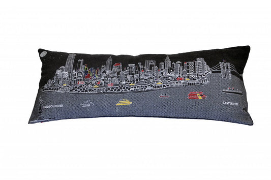 14" X 35" Dark Gray And White NYC Nighttime Skyline Lumbar Decorative Pillow