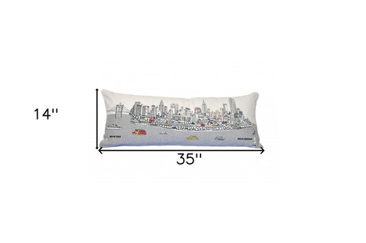 14" X 35" Cream NYC Daylight Skyline Lumbar Decorative Pillow