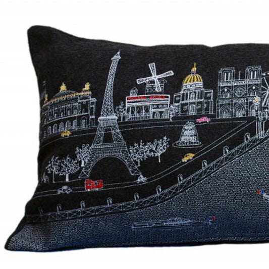 14" X 35" Dark Gray And White Paris Nighttime Skyline Lumbar Decorative Pillow