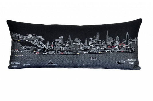 14" X 35" Dark Gray And White Philadelphia Nighttime Skyline Lumbar Decorative Pillow