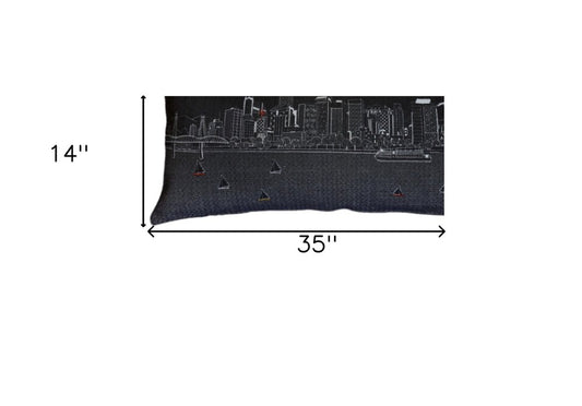 14" X 35" Dark Gray And White Portland Nighttime Skyline Lumbar Decorative Pillow