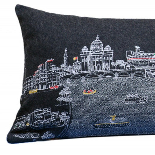 14" X 35" Dark Gray And White Rome Nighttime Skyline Lumbar Decorative Pillow