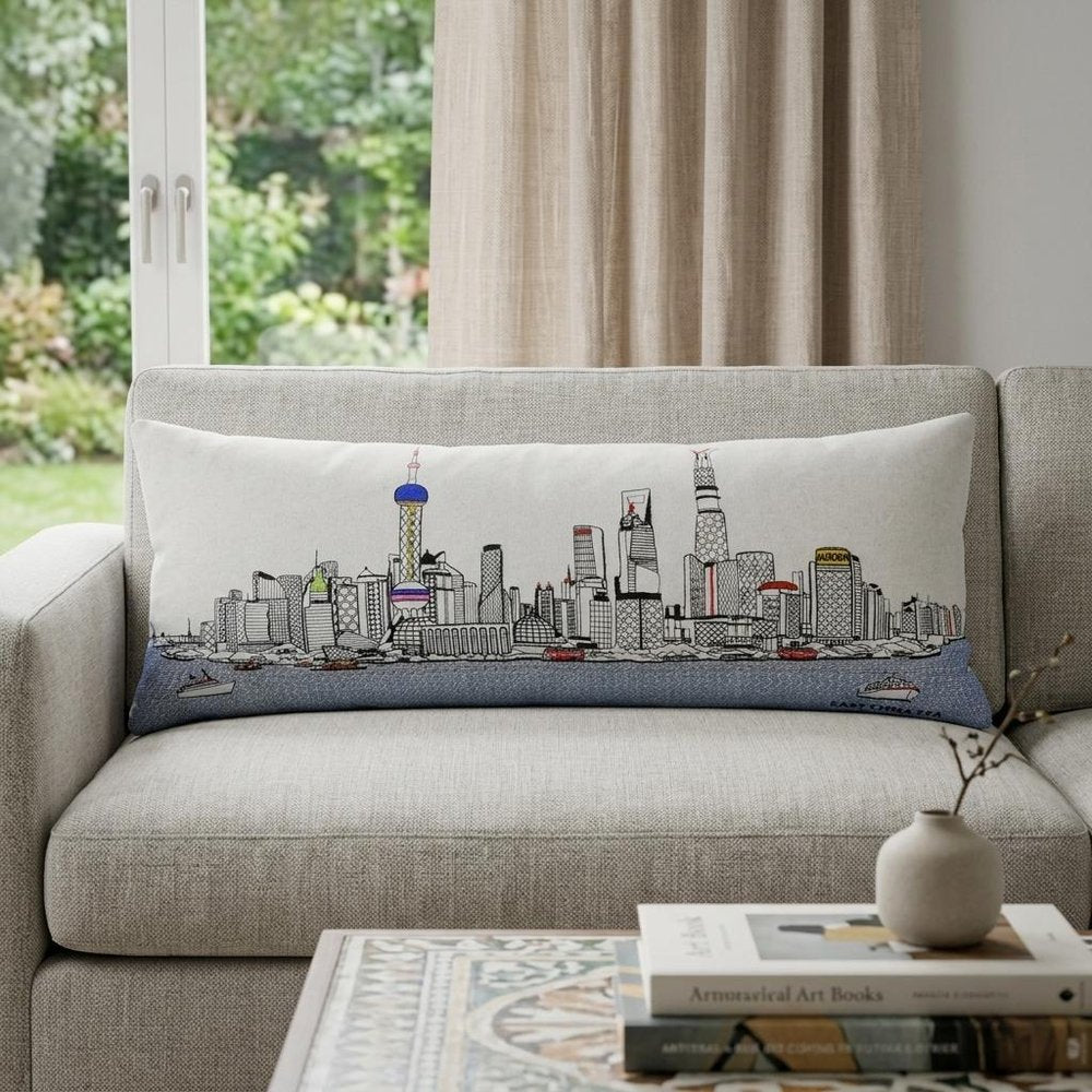 14" X 35" Cream Shanghai Daylight Skyline Lumbar Decorative Pillow