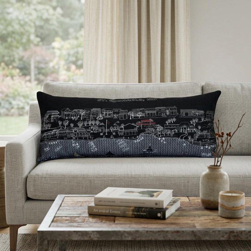 14" X 35" Dark Gray And White St Michael's Nighttime Skyline Lumbar Decorative Pillow