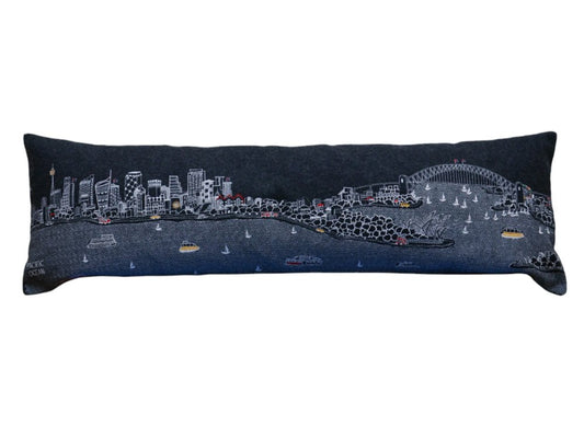 14" X 35" Dark Gray And White Sydney Nighttime Skyline Lumbar Decorative Pillow