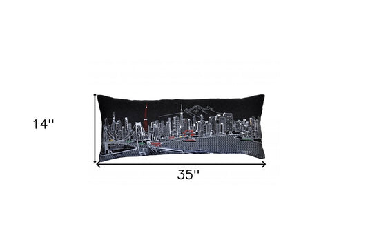 14" X 35" Dark Gray And White Tokyo Nighttime Skyline Lumbar Decorative Pillow