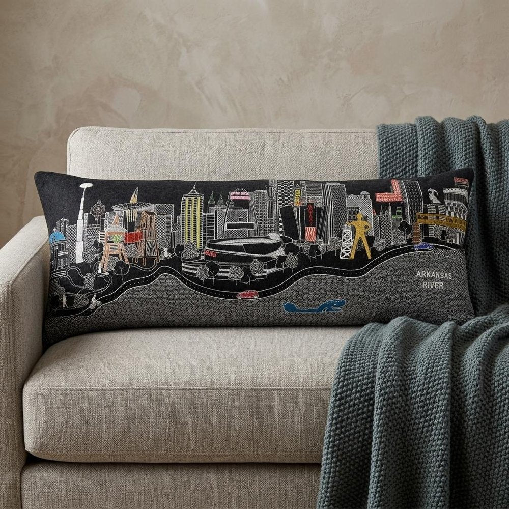 14" X 35" Dark Gray And White Tulsa Nighttime Skyline Lumbar Decorative Pillow