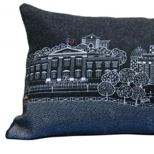 14" X 35" Dark Gray And White Washington DC Nighttime Skyline Lumbar Decorative Pillow