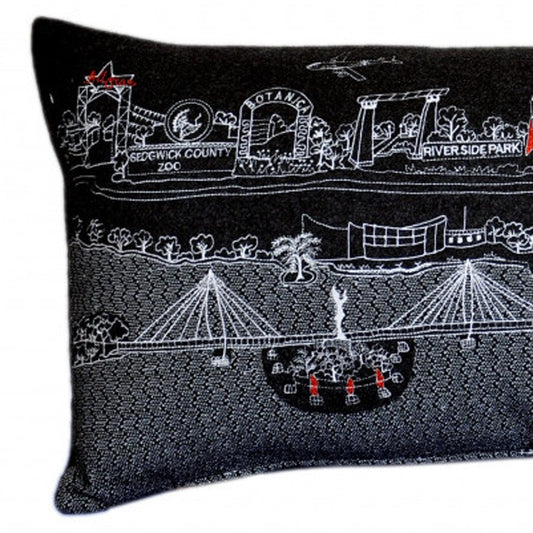 14" X 35" Dark Gray And White Wichita Nighttime Skyline Lumbar Decorative Pillow