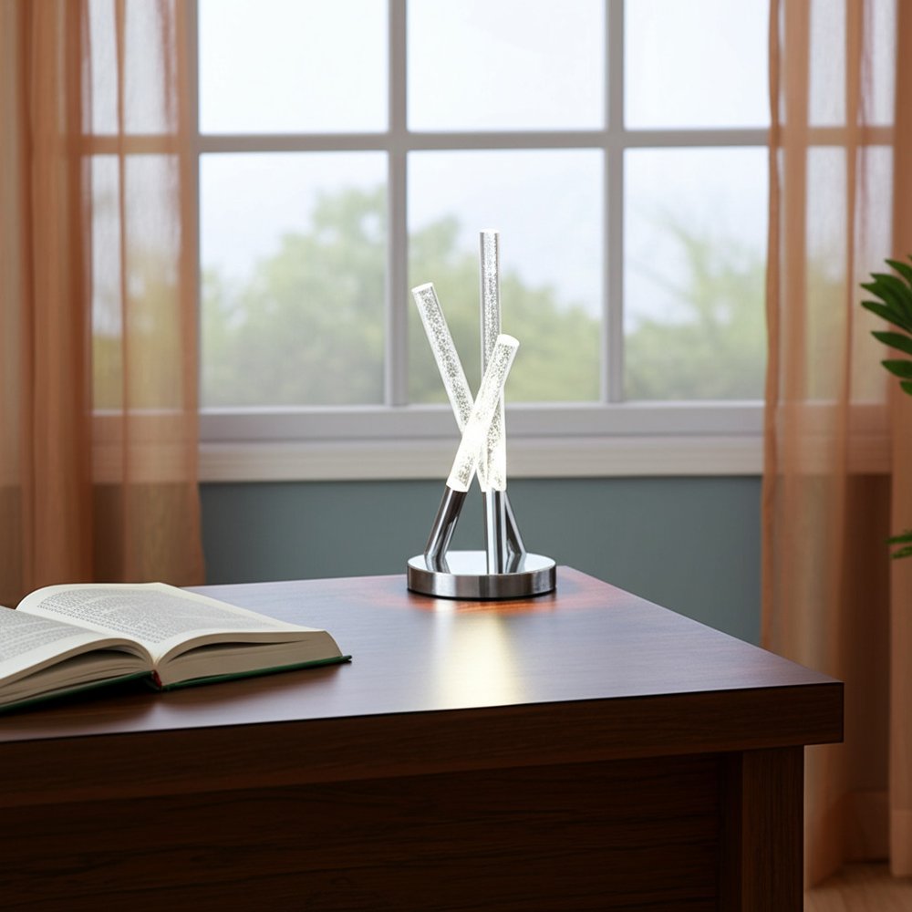 15" Silver Acrylic and Metal Three Rod Abstract Table Lamp