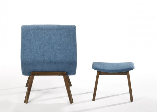 22" Blue And Brown Upholstered Lounge Chair With Ottoman