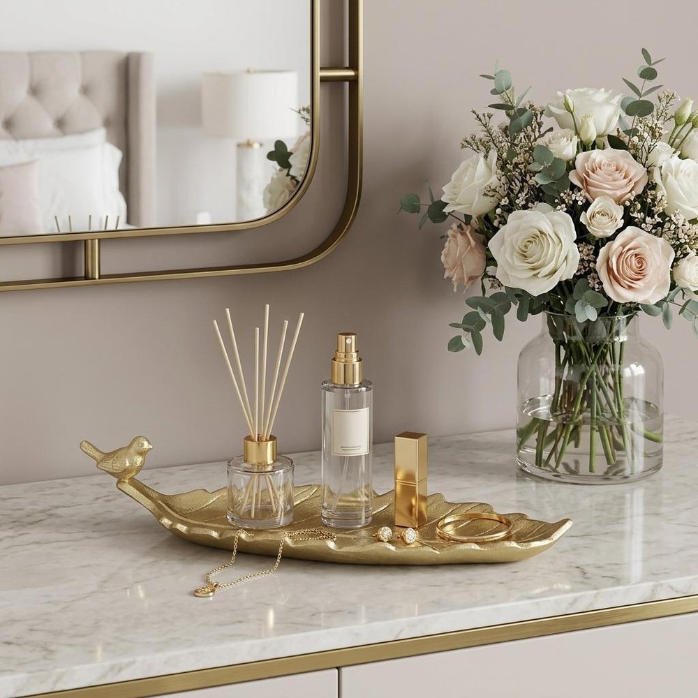 10" Gold Cast Iron Leaf Vanity Tray