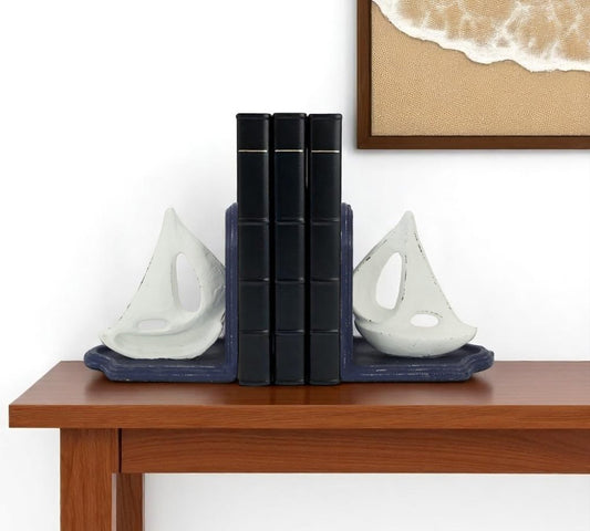 Set of Two 5" Blue And White Cast Iron Sailboat Decorative Bookends