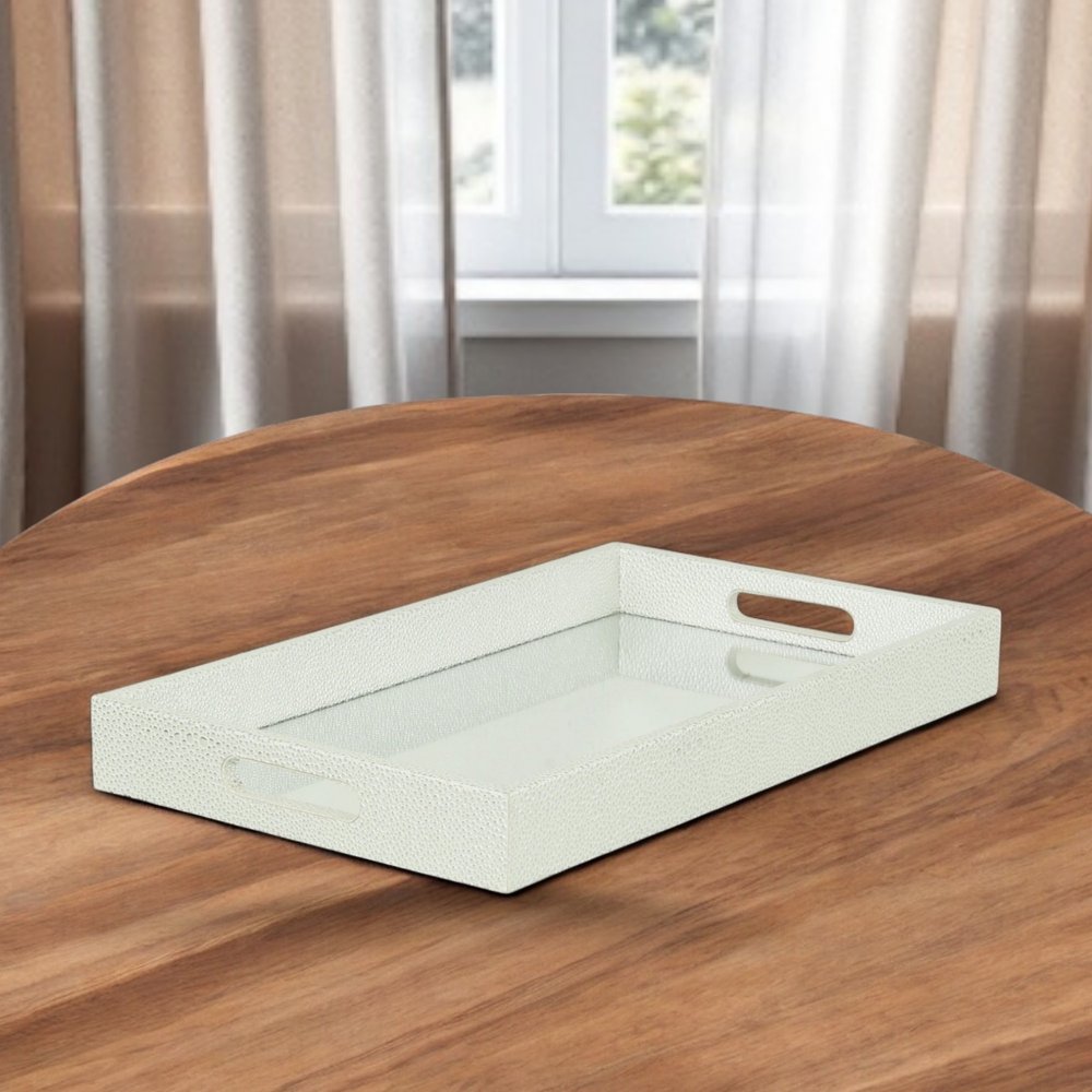 16" White Silver Rectangular Wood Handmade Tray With Handles