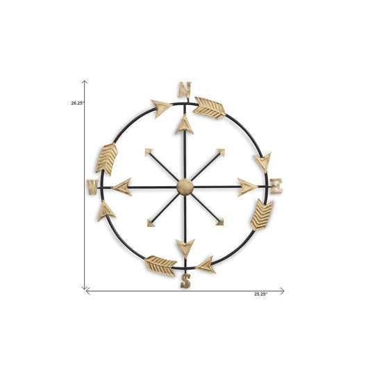 26" X 25" Brass and Black Metal Distressed Compass Wall Decor