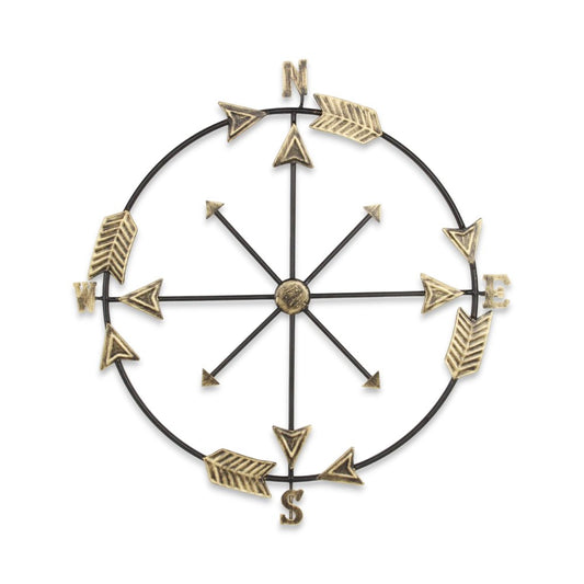 26" X 25" Brass and Black Metal Distressed Compass Wall Decor