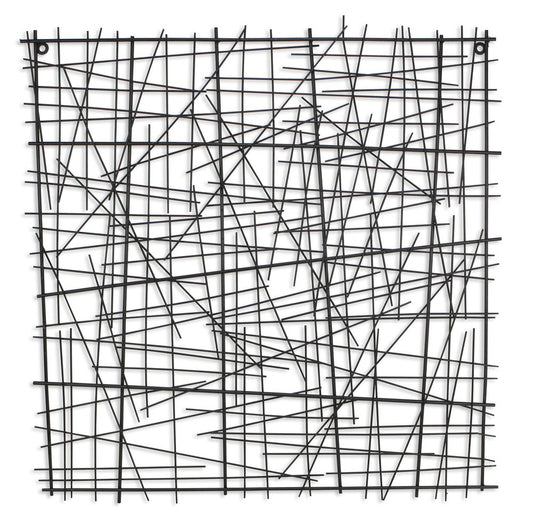 32" X 32" Black Handcrafted Abstract Lines Metal Hanging Dimensional Sculpture