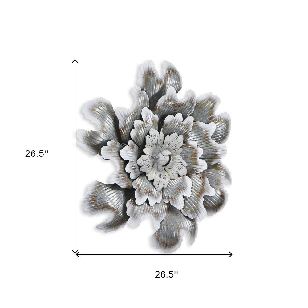 27" X 27" Gray and Off White Galvanized Metal Flower Hanging Dimensional Sculpture