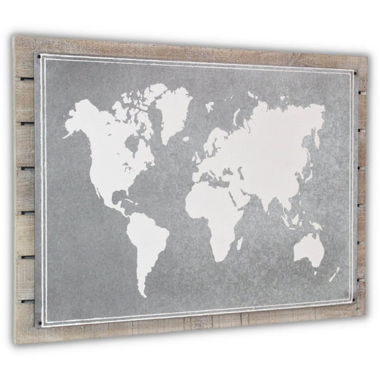 25" X 34" Brown and Gray Wood and Metal World Map Hanging Dimensional Sculpture