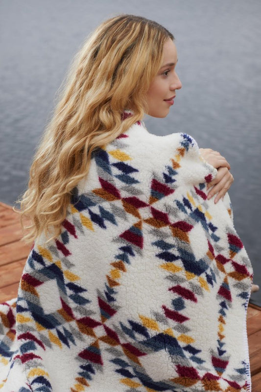 50" X 60" Blue And Off White Knitted Throw Blanket