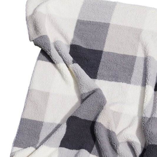 50" X 60" Gray And Ivory Faux Sherpa Plaid Throw Blanket