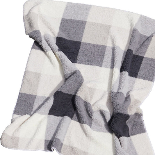 50" X 60" Gray And Ivory Faux Sherpa Plaid Throw Blanket