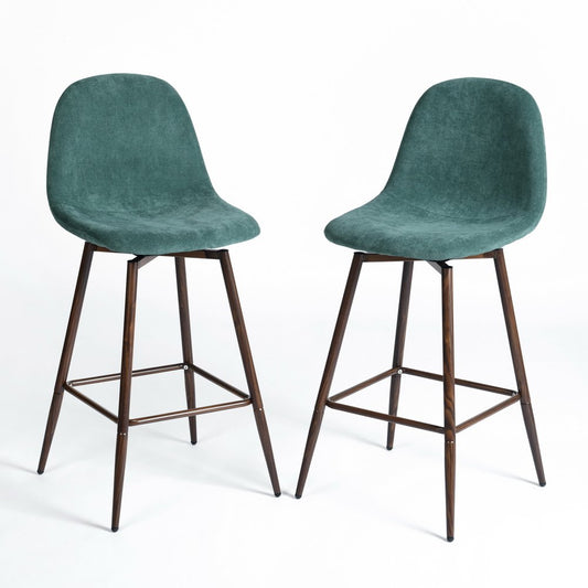 Set of Two 26" Green And Brown Velvet And Steel Counter Height Bar Chairs