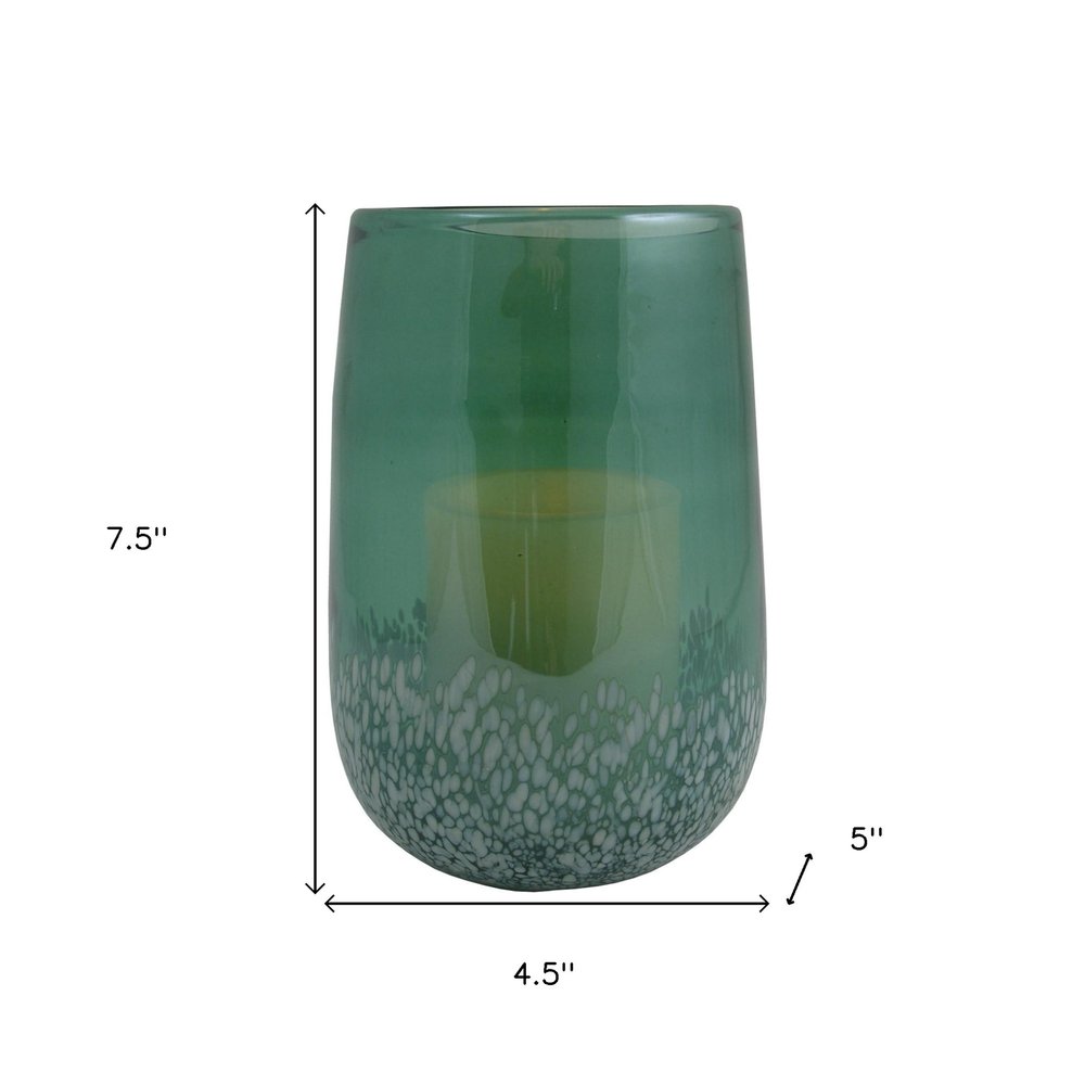 8" Green And White Glass Tabletop Hurricane Candle Holder With Candle
