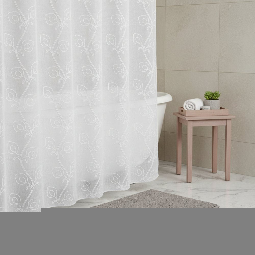 72" White Floral Faux Linen Shower Curtain With Embroidery