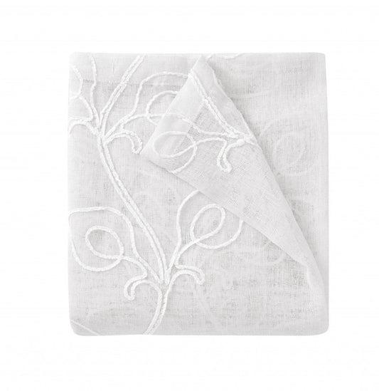 72" White Floral Faux Linen Shower Curtain With Embroidery