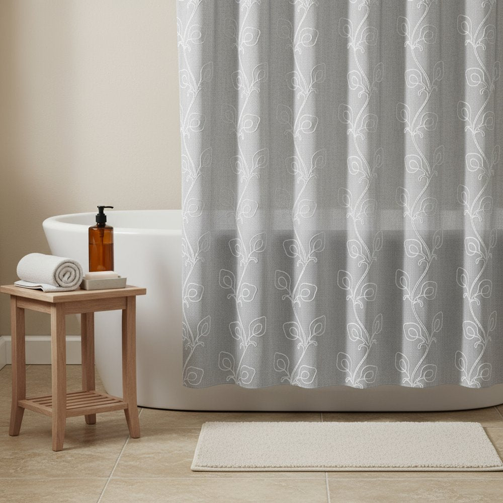 72" Gray Floral Faux Linen Shower Curtain With Embroidery