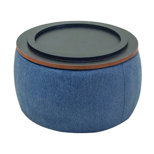 26" Blue and Brown Fabric And Wood Reversible Tray Top Round Storage Ottoman