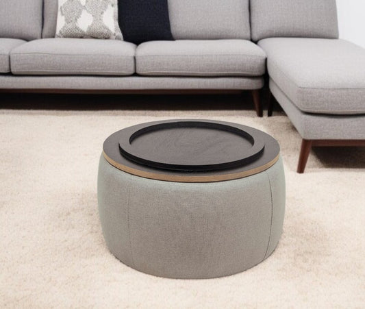 26" Gray and Natural Fabric And Wood Reversible Tray Top Round Storage Ottoman