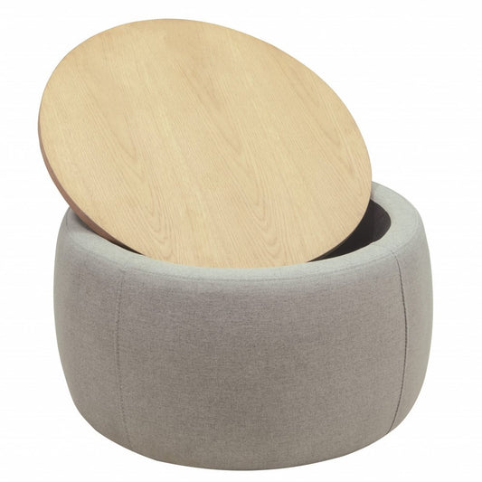 26" Gray and Natural Fabric And Wood Reversible Tray Top Round Storage Ottoman