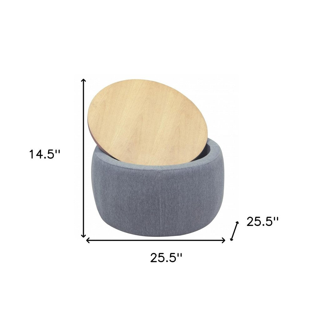 26" Dark Gray and Natural Fabric And Wood Reversible Tray Top Round Storage Ottoman