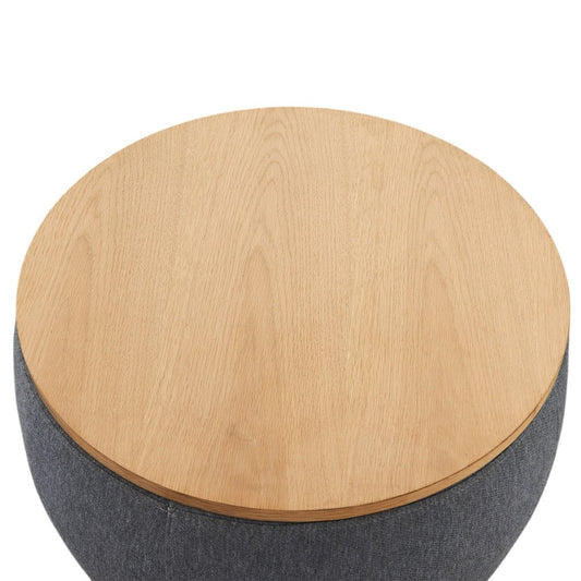 26" Dark Gray and Natural Fabric And Wood Reversible Tray Top Round Storage Ottoman