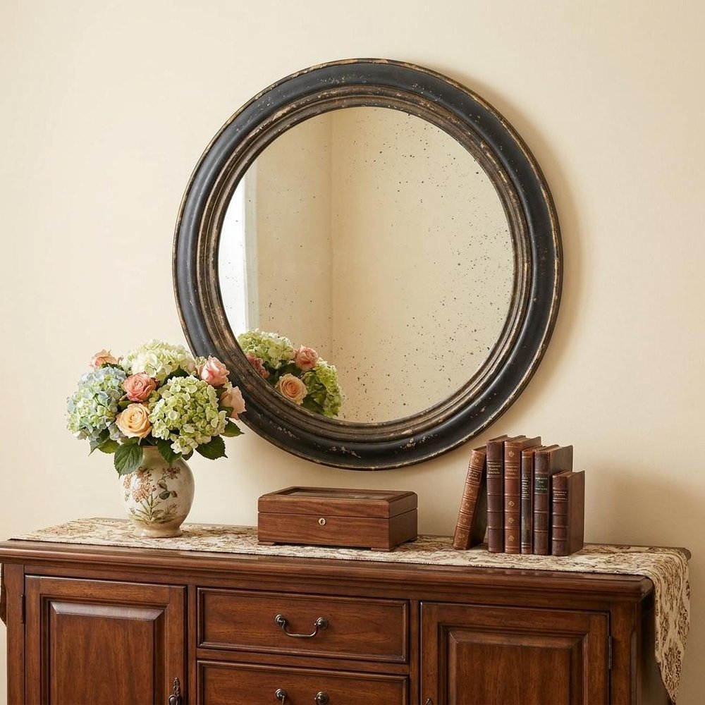 24" Dark Brown Distressed Wood Round Framed Accent Mirror