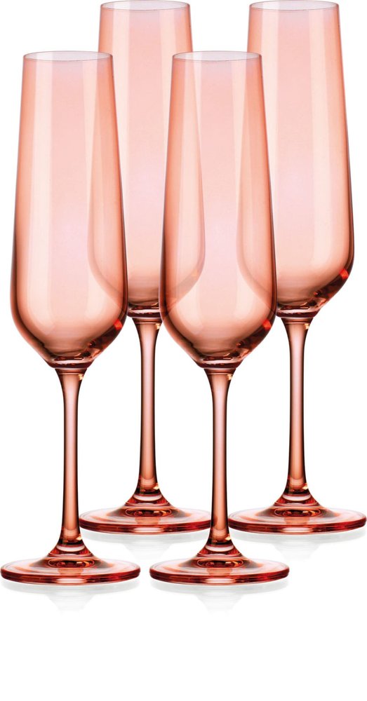 Set of Four Coral Crystal Narrow Stemmed Champagne Flutes