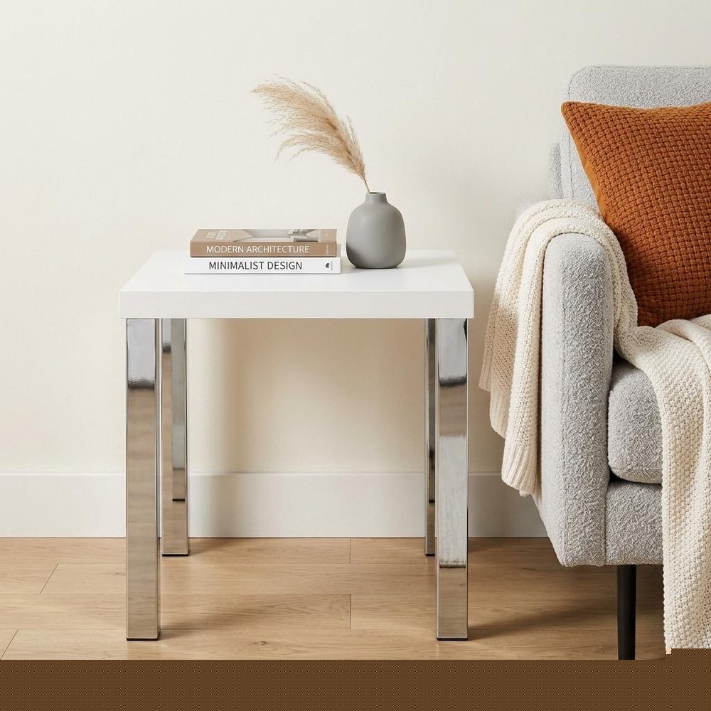 22" Chrome And White High Gloss Square End Table