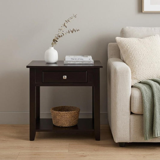 22" Black Manufactured Wood Square End Table With Drawer With Shelf