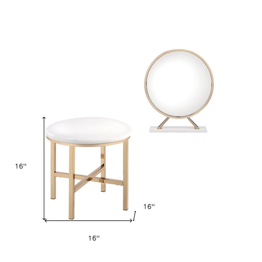 Set of Two Gold Metal And Faux Leather Round Freestanding Makeup Mirror And Stool