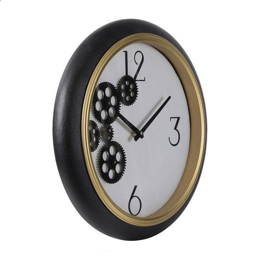 16" Black Gold And White Faux Leather And Iron Analog Exposed Gear Round Wall Clock