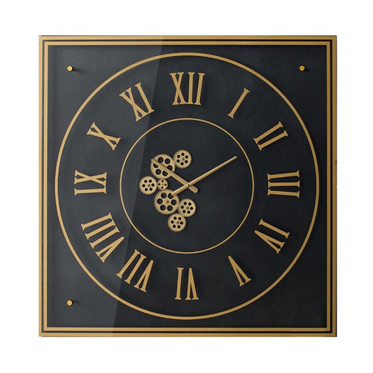 35" Black And Gold Glass And Metal Exposed Gear Square Wall Clock
